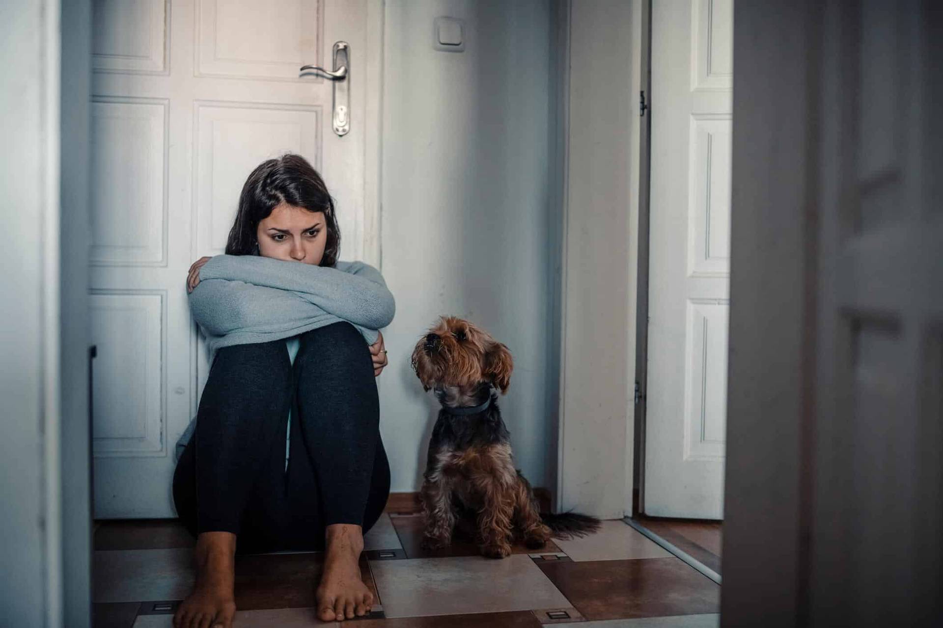 Femme recroquevillée dans un couloir avec un chien à côté.