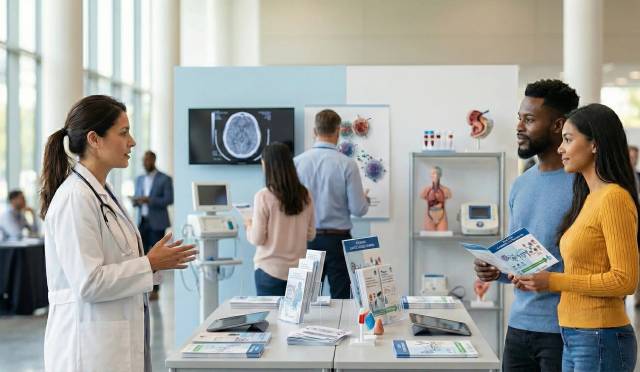 Échange entre trois personnes dans un espace médical.