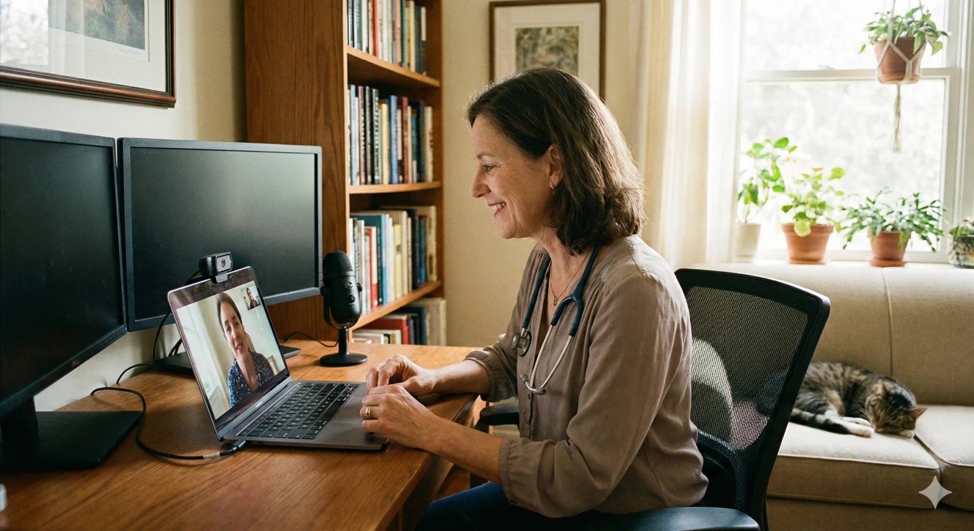 Femme médecin souriante en téléconsultation depuis son bureau à domicile avec un ordinateur portable.