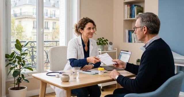 Deux personnes échangent des documents.