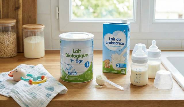 Boîtes de lait infantile et biberon sur un plan de travail.