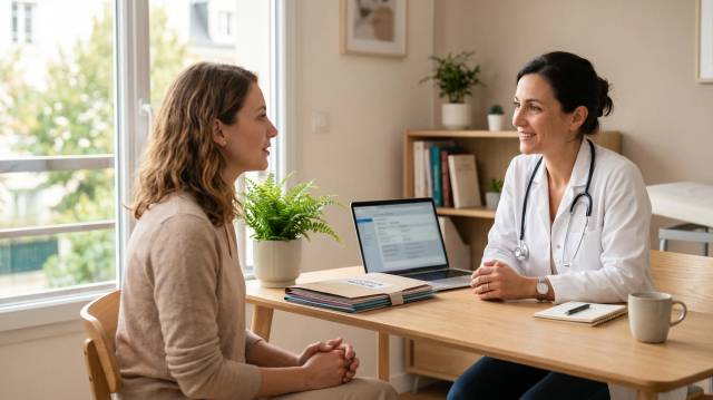 Gynécologue en consultation avec une patiente pour diagnostiquer des pertes blanches jaunes dans un cabinet médical