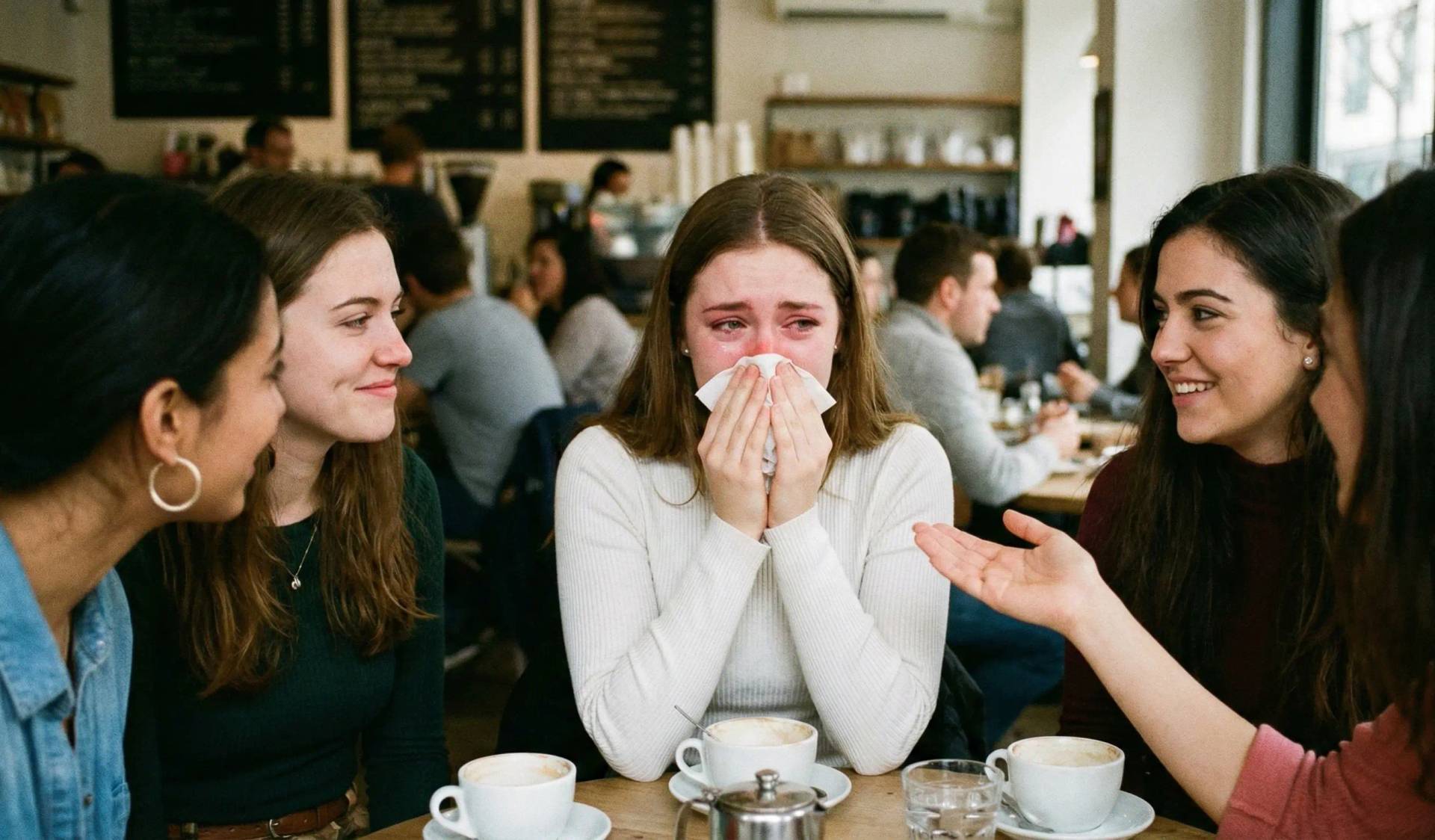 Jeune femme souffrant de rhinite se mouchant au café avec ses amies
