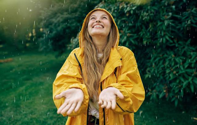 Femme en imperméable jaune souriant sous la pluie.
