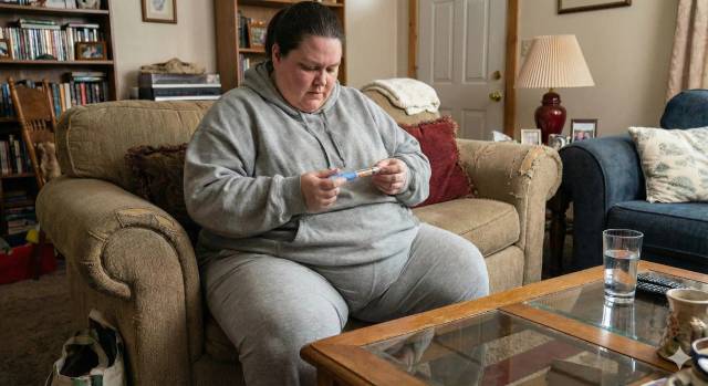 Femme assise dans un salon regardant un stylo injecteur.