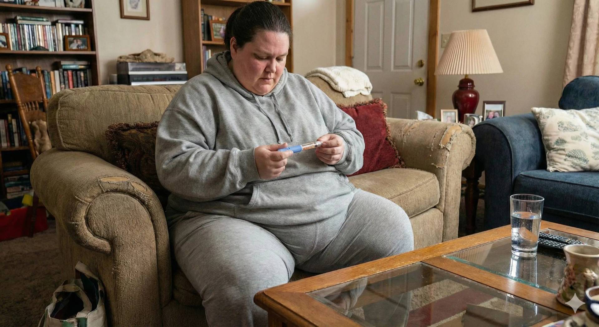 Femme assise dans un salon regardant un stylo injecteur.