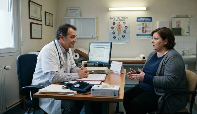 Consultation en cabinet médical un médecin et une patiente discutant de la prise en charge de l'obésité sévère.
