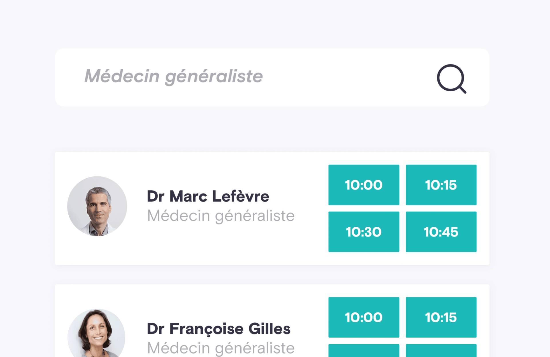 Capture d’une interface Qare avec des créneaux de consultation.