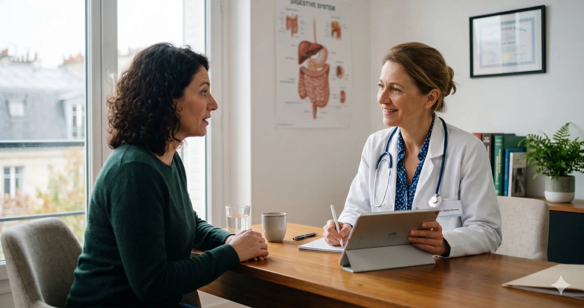 Médecin gastro-entérologue en consultation avec un patient pour évaluer des selles noires et un possible méléna