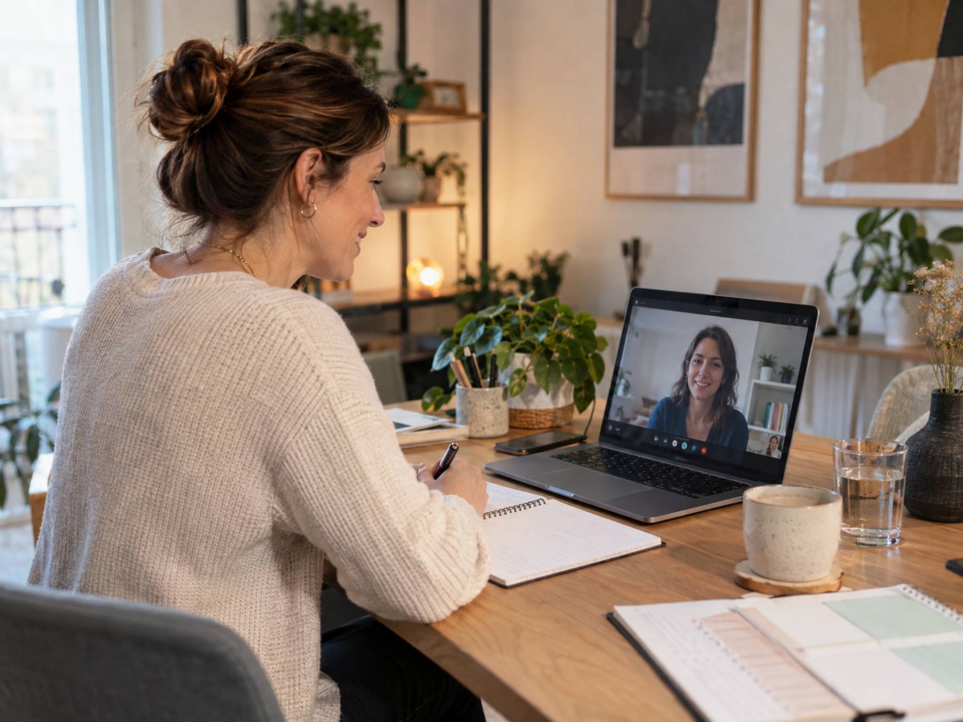 Femme prenant des notes pendant un appel vidéo sur son ordinateur portable.