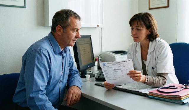 Une médecin et un patient examinent une feuille de résultats d'analyse sanguine dans un cabinet médical