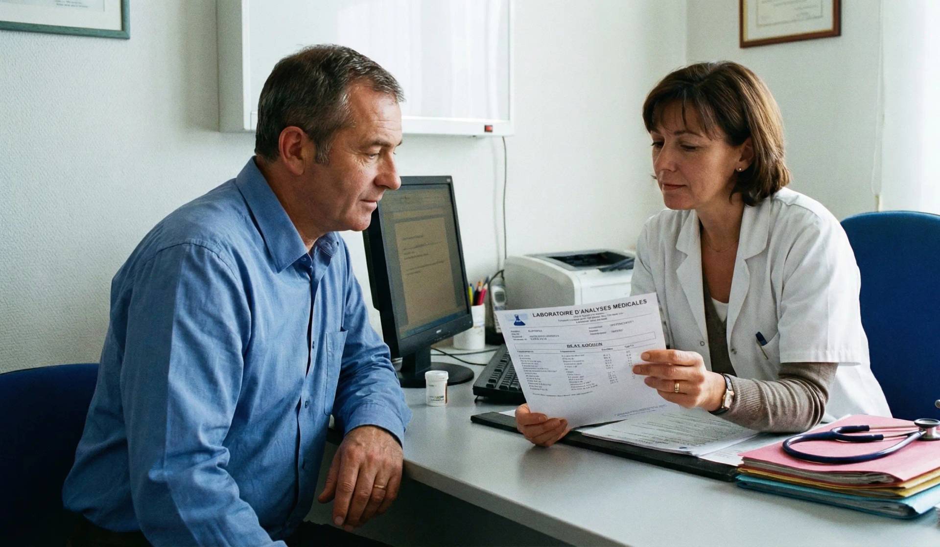 Une médecin et un patient examinent une feuille de résultats d'analyse sanguine dans un cabinet médical