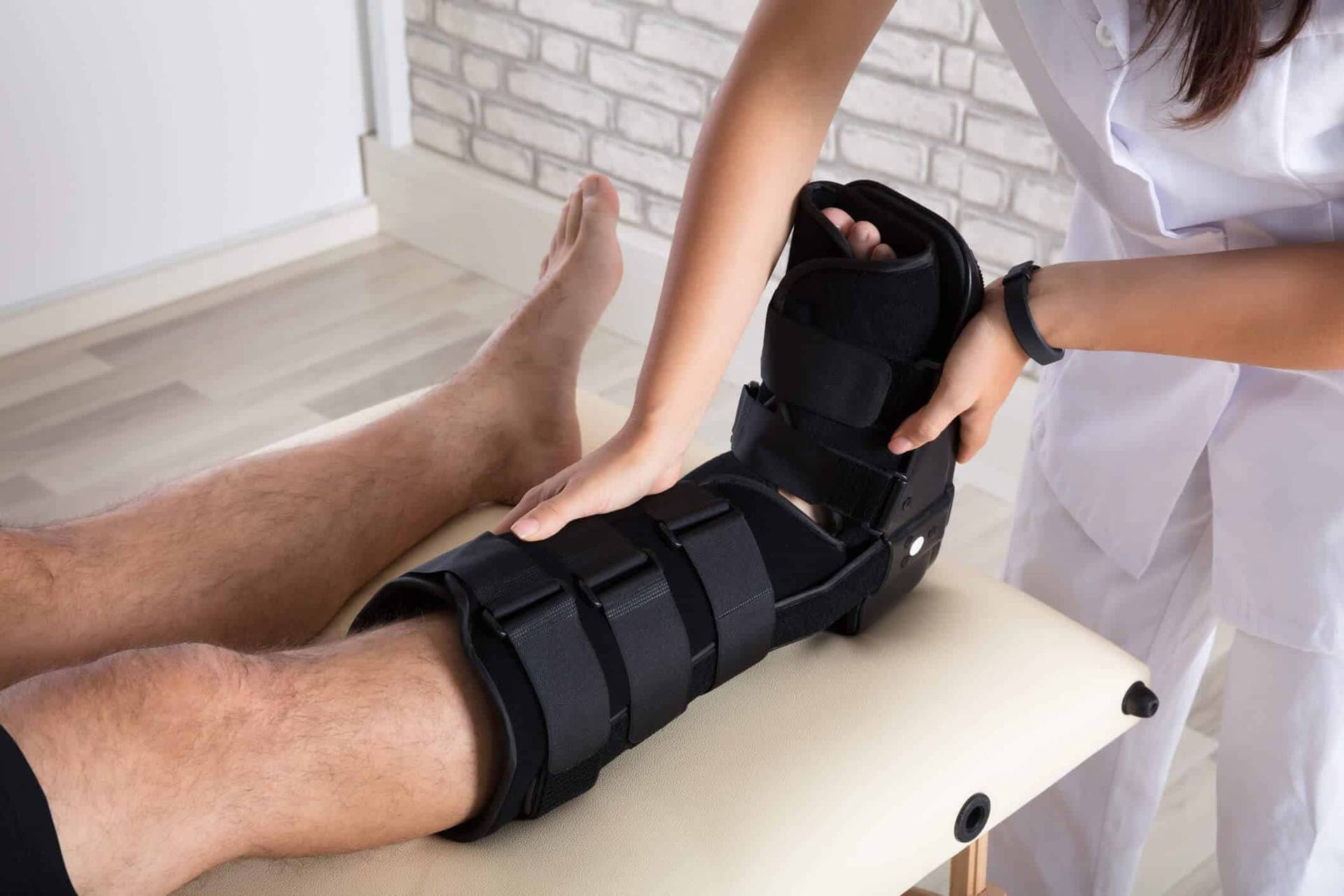 Professionnel ajustant une attelle sur une jambe.