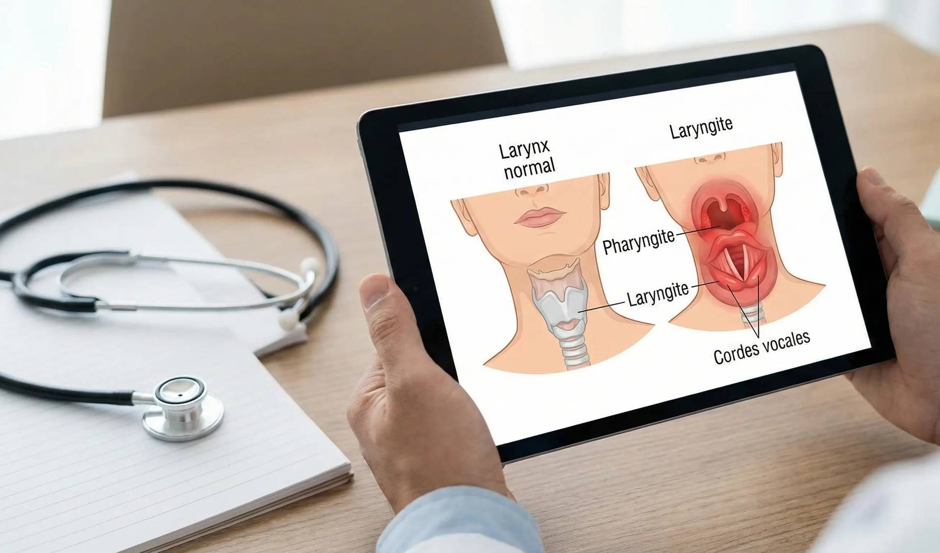 Tablette présentant deux schémas du larynx, légendés « normal » et « laryngite ».