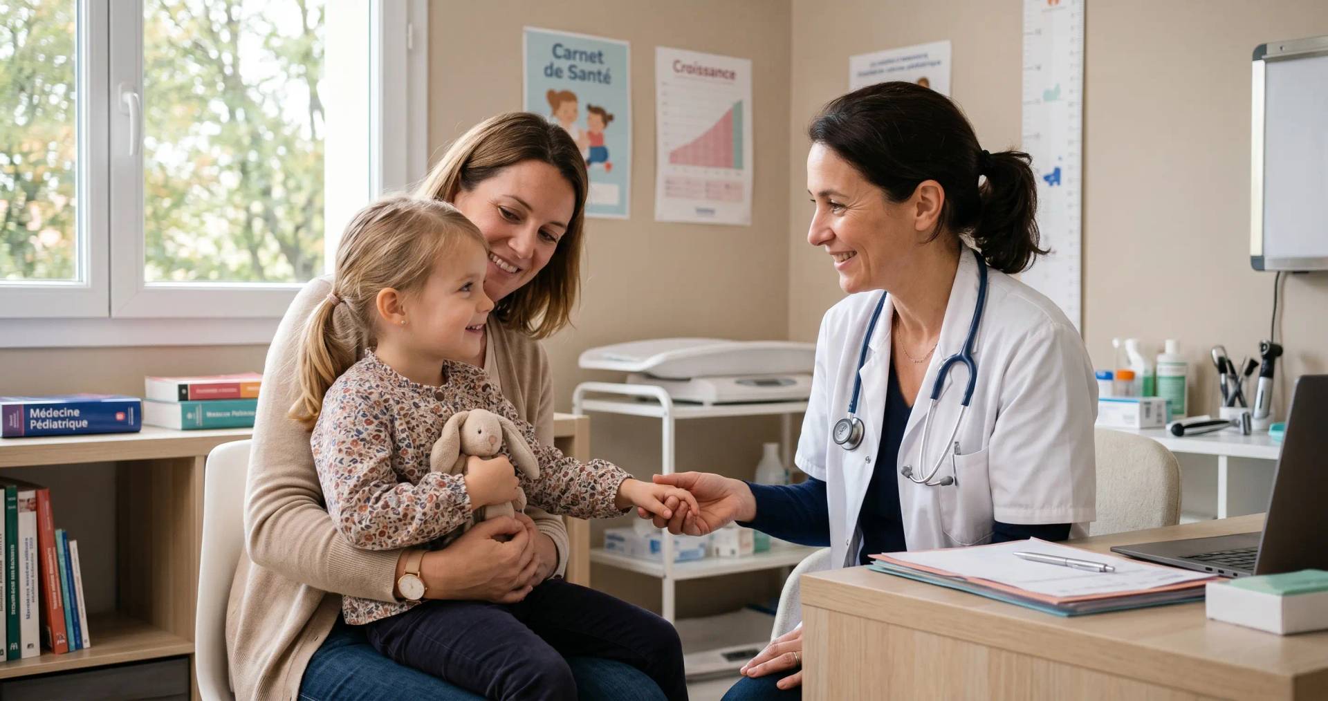 Pédiatre examinant un enfant en consultation pour un saignement digestif et du sang dans les selles