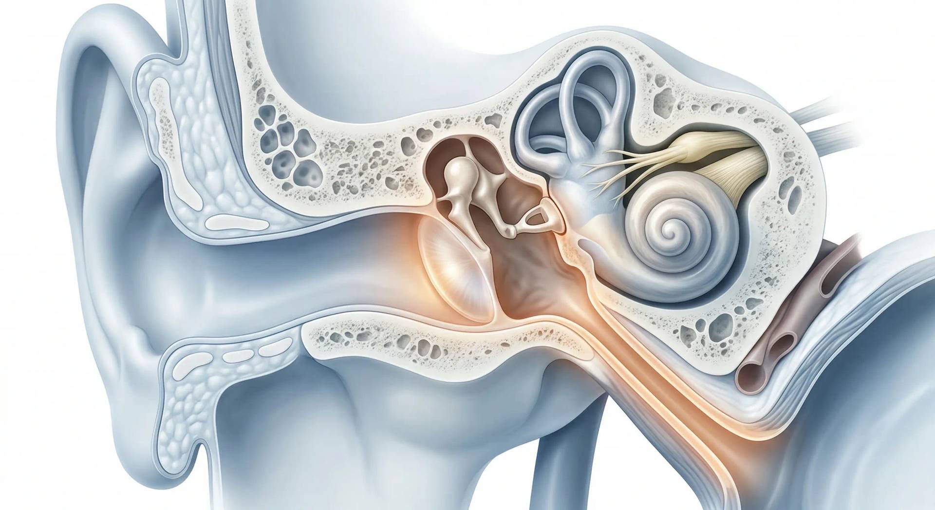 Coupe anatomique de l'oreille moyenne illustrant une otite chronique avec perforation du tympan