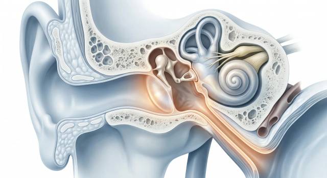 Coupe anatomique de l'oreille moyenne illustrant une otite chronique avec perforation du tympan