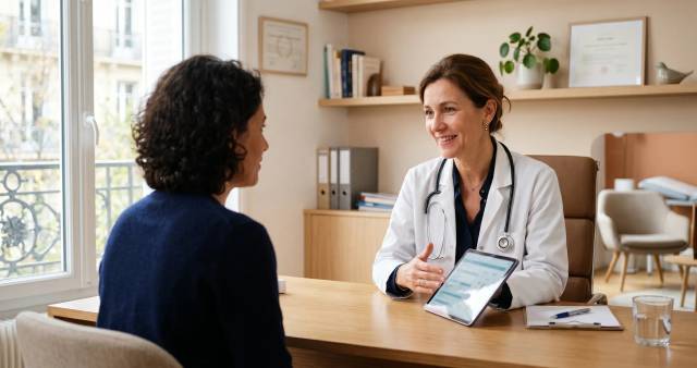Médecin en consultation rassurant un patient sur le diagnostic d'un condylome génital lié au papillomavirus
