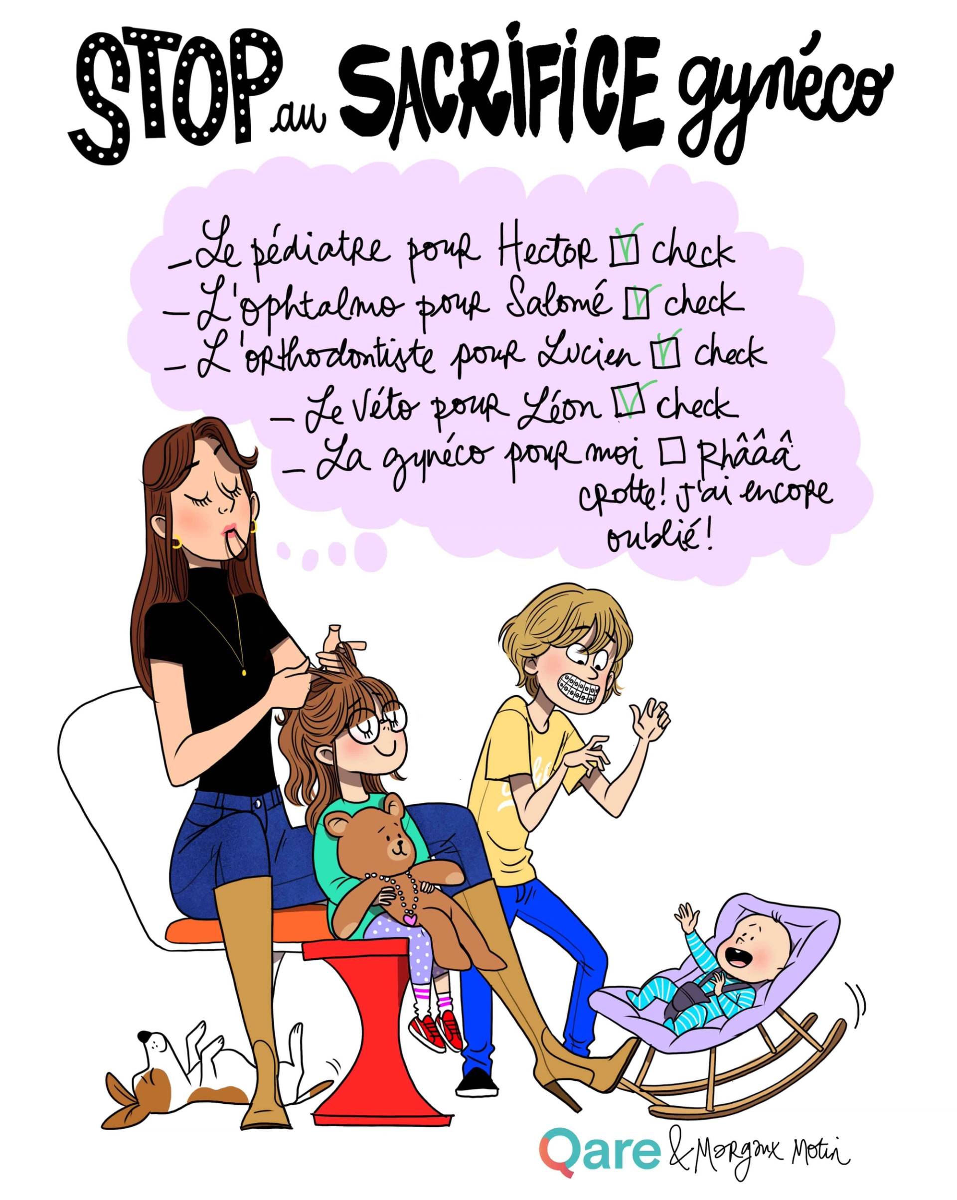 Dessin « Stop au sacrifice gynéco » : plusieurs femmes et un bébé, avec une bulle de dialogue.
