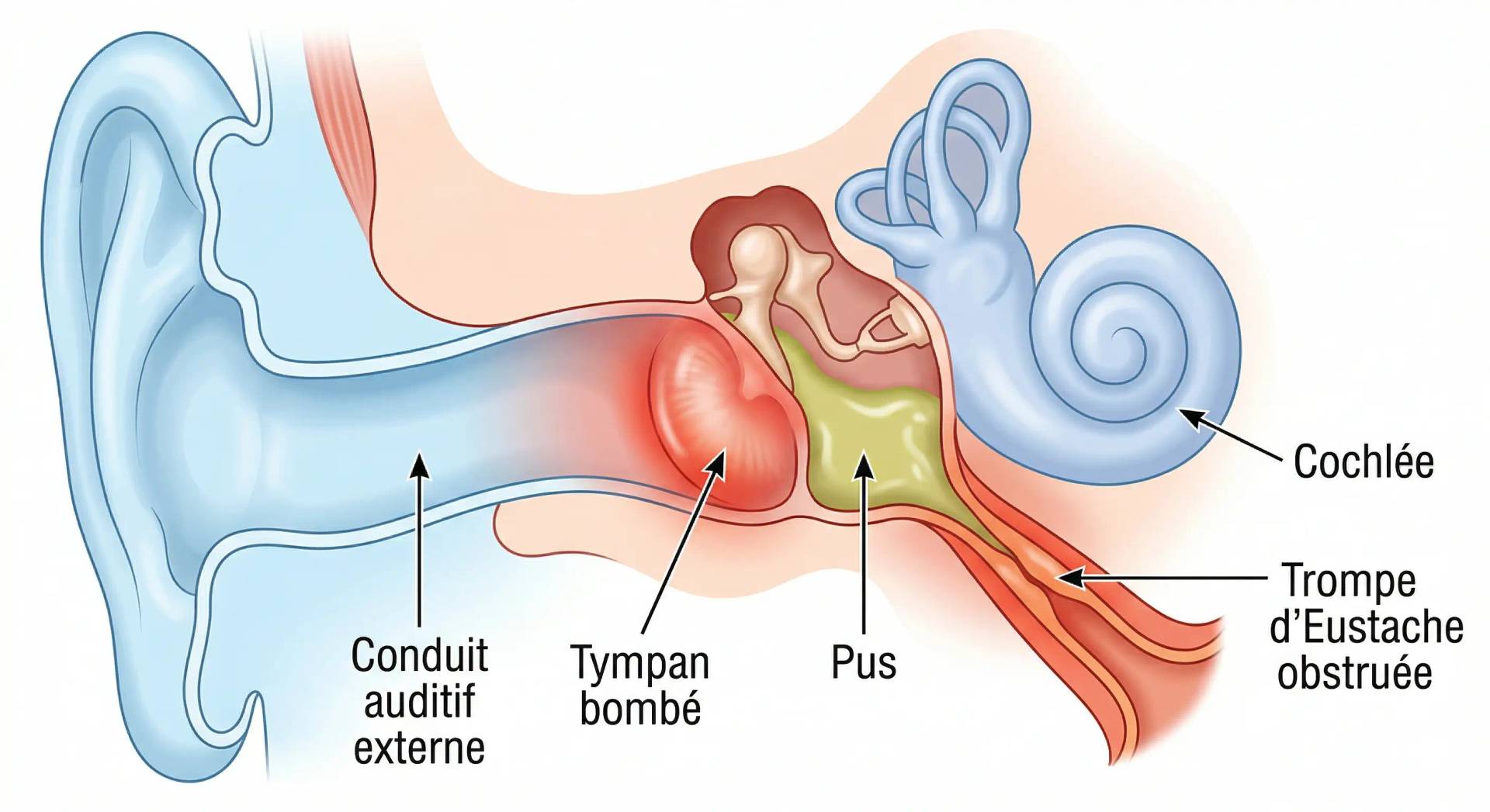 Schéma en coupe de l’oreille avec un tympan bombé et une zone légendée « pus ».