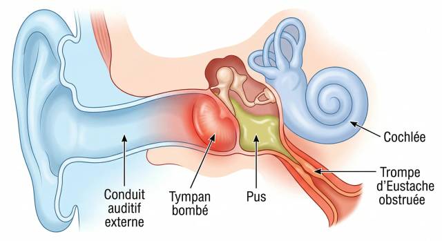 Schéma en coupe de l’oreille avec un tympan bombé et une zone légendée « pus ».