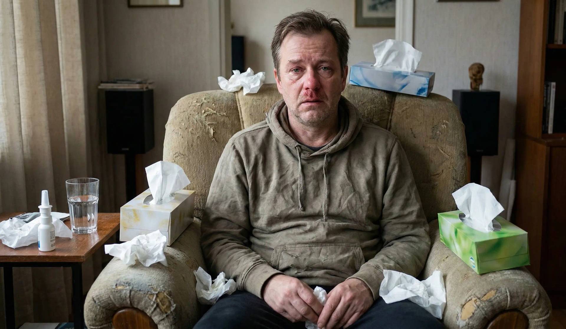 Homme souffrant de rhinite sur son canapé entouré de mouchoirs et de spray nasal, repos à domicile