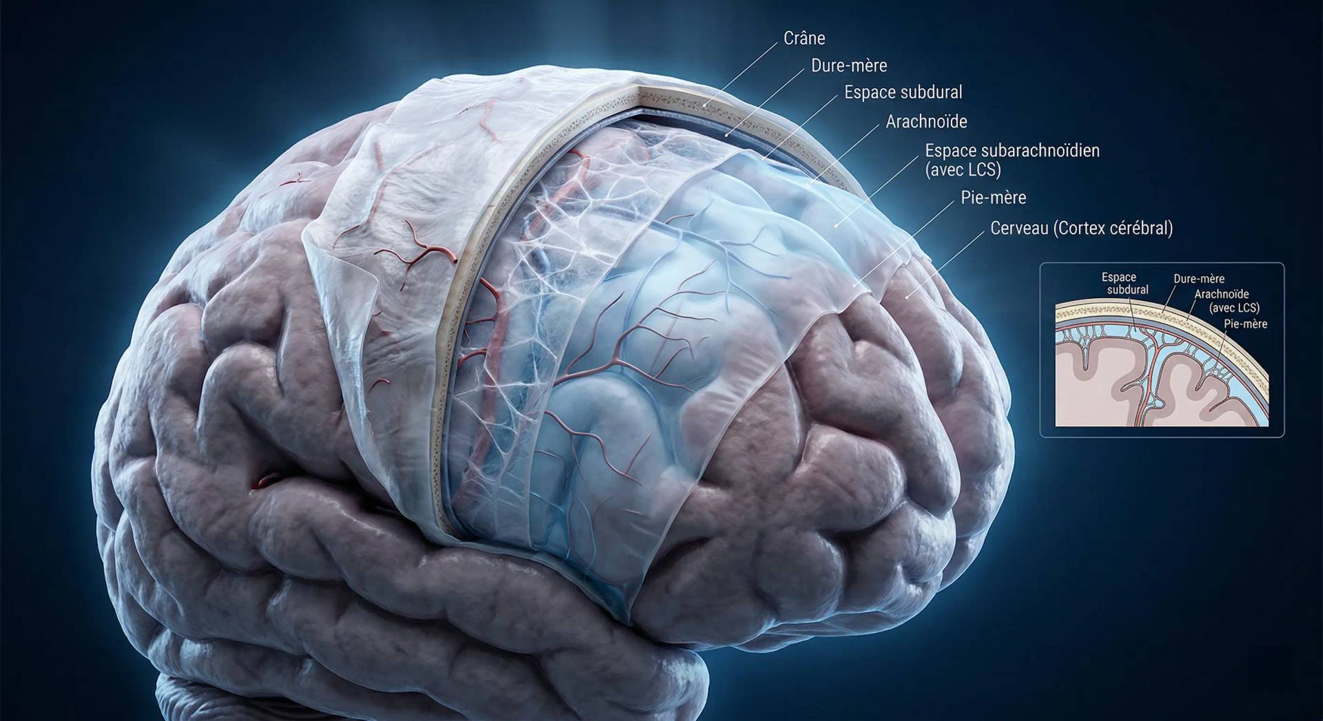 Illustration anatomique 3D des méninges (dure-mère, arachnoïde et pie-mère) entourant le cerveau — méningite