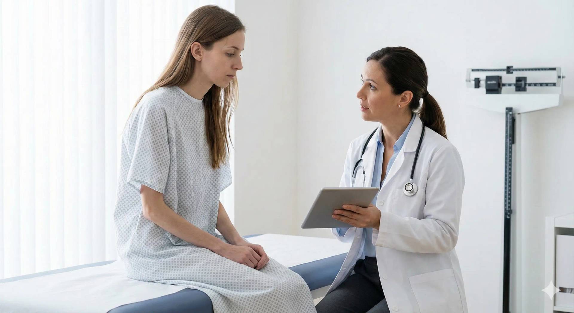 Deux personnes échangent près d’une balance médicale.