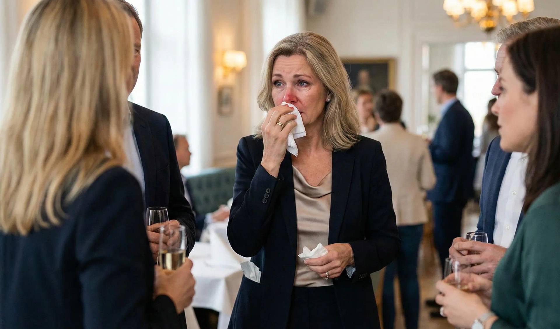 Femme en tailleur noir se mouchant lors d'un événement professionnel, symptômes de rhinite au travail