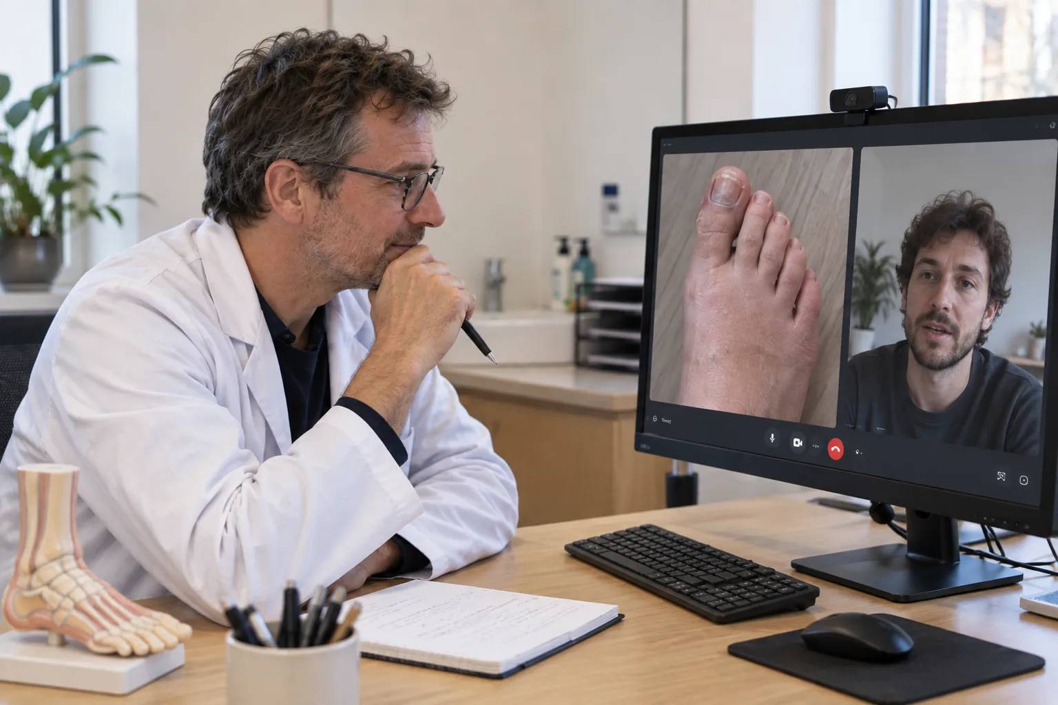 Téléconsultation avec un podologue en vidéo pour un examen des pieds à distance