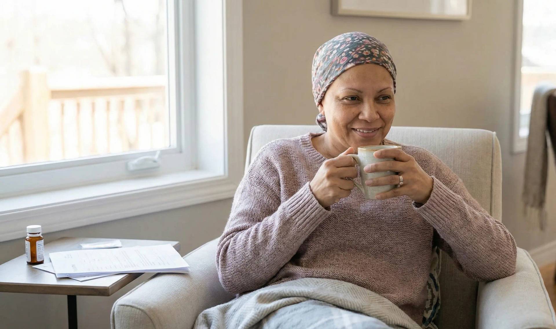 Femme atteinte d'un cancer portant un foulard, illustrant le quotidien du suivi médical et de la convalescence à domicil