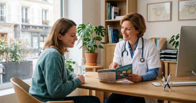 Médecin expliquant la contagion des condylomes à un patient lors d'une consultation dans un cabinet médical