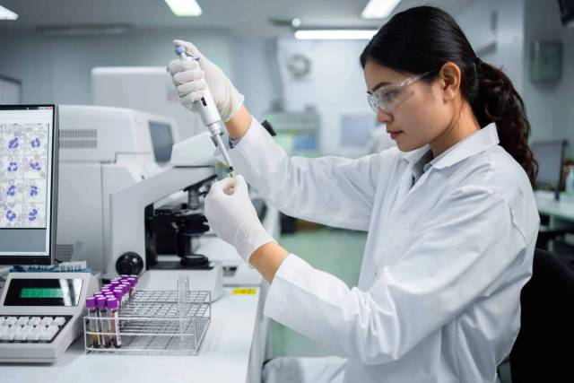 Une personne au laboratoire manipule une pipette et des tubes.