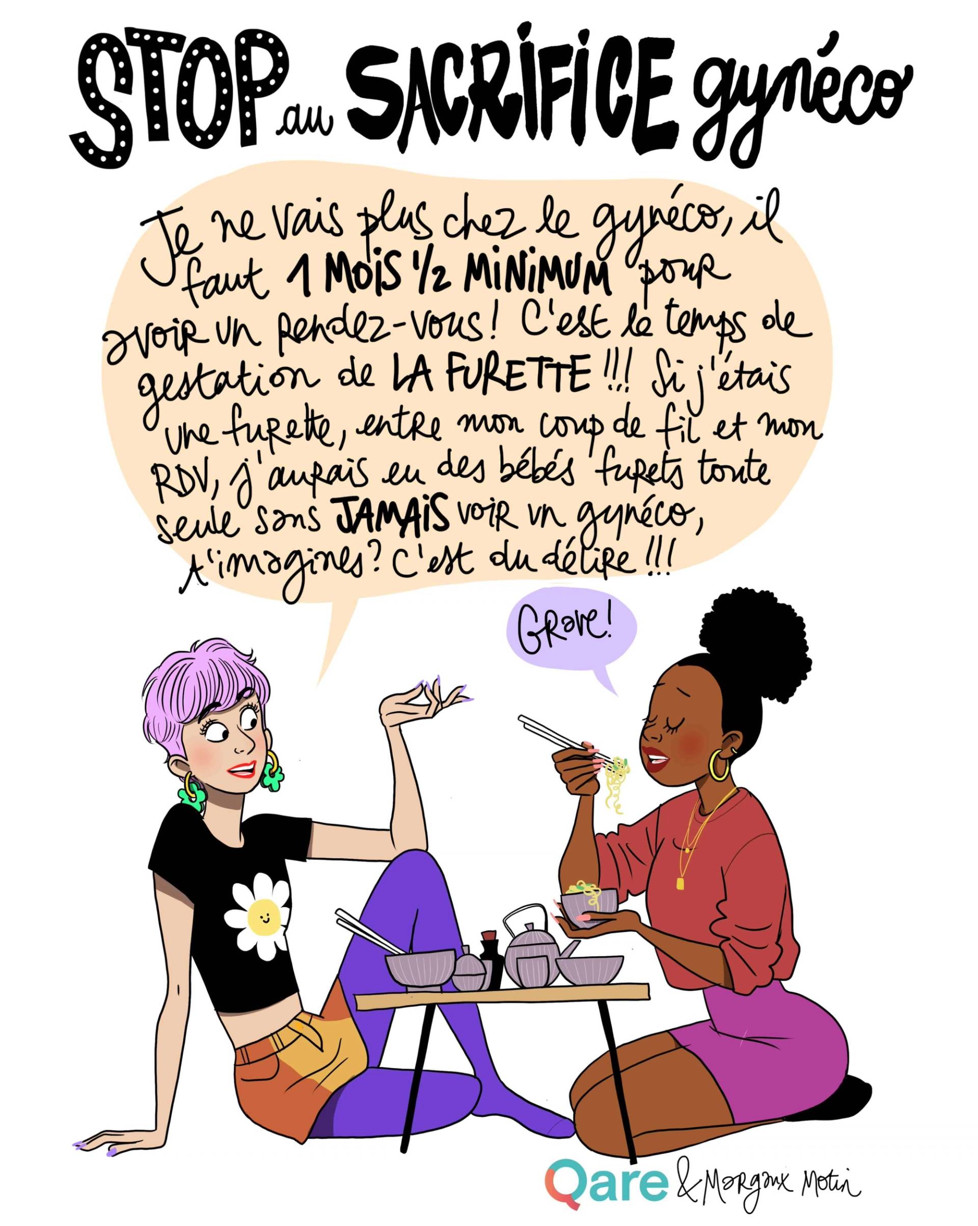 Dessin « Stop au sacrifice gynéco » : deux femmes discutant à une table.