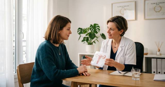 Gynécologue expliquant à une patiente le rôle de la perte blanche pendant l'ovulation lors d'une consultation