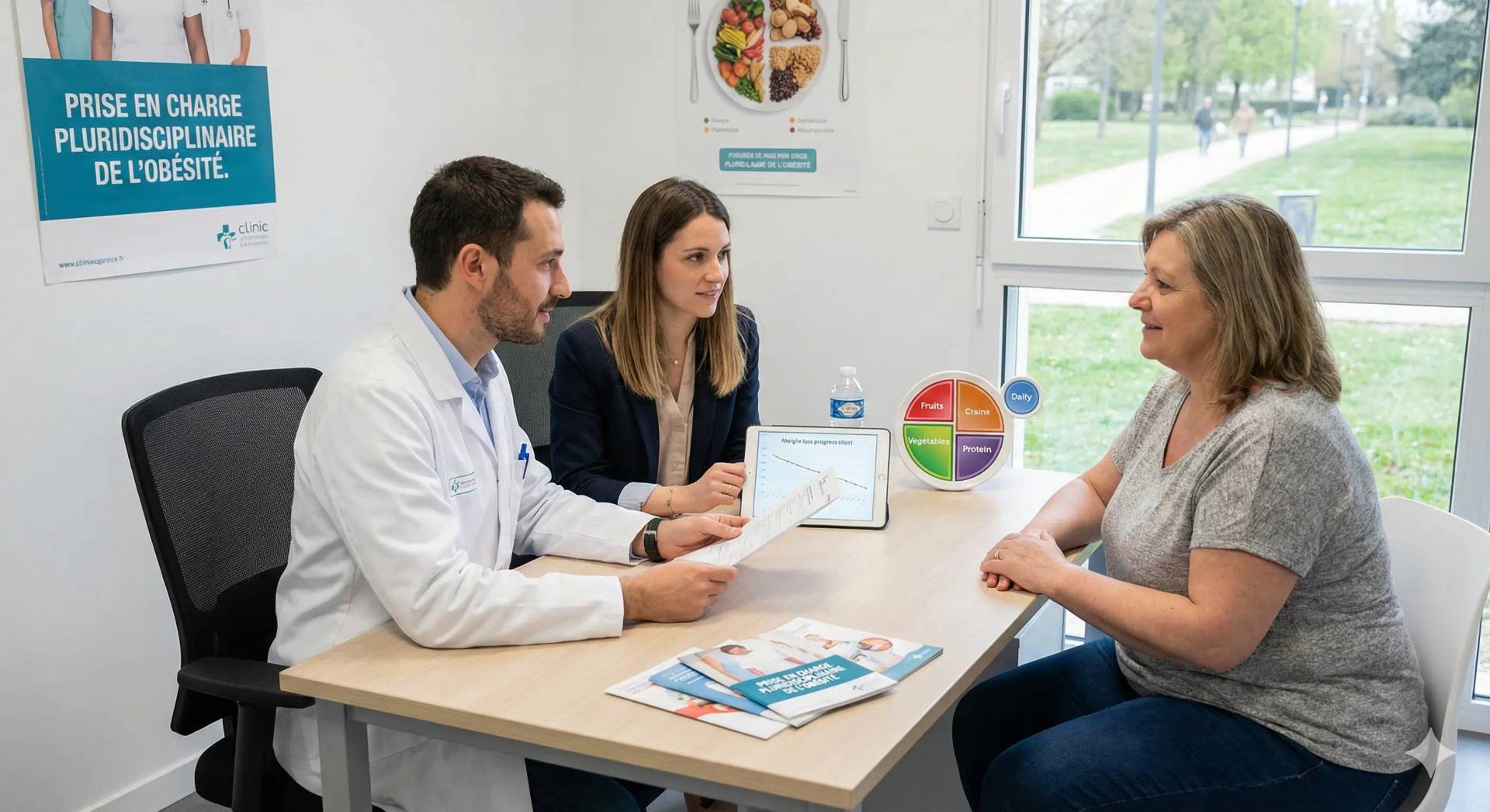 Consultation médicale pluridisciplinaire pour l'obésité : un médecin et une diététicienne discutent avec une patiente au