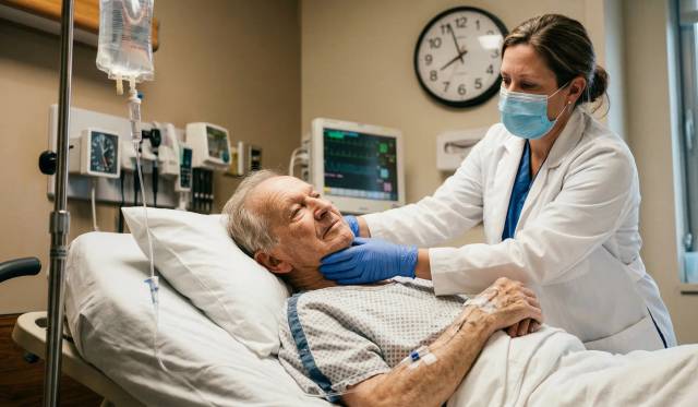 Médecin en blouse blanche examinant la nuque d'un patient âgé hospitalisé pour suspicion de méningite bactérienne