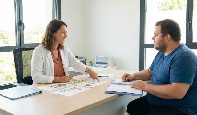 Une diététicienne et un patient obèse en train d’élaborer un programme pour perdre du poids
