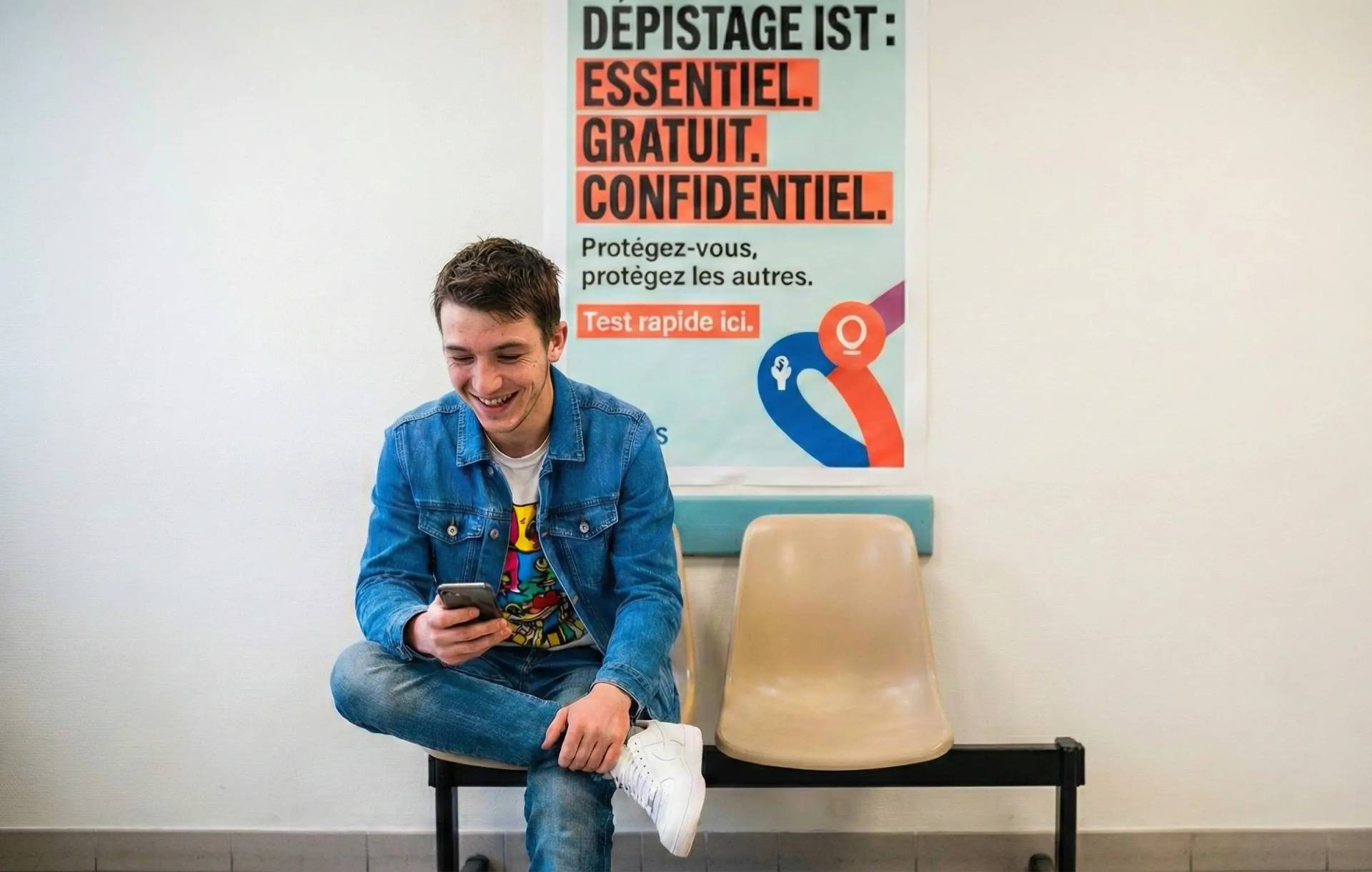Un jeune homme souriant regarde son téléphone, assis seul dans une salle d'attente lumineuse devant une grande affiche p