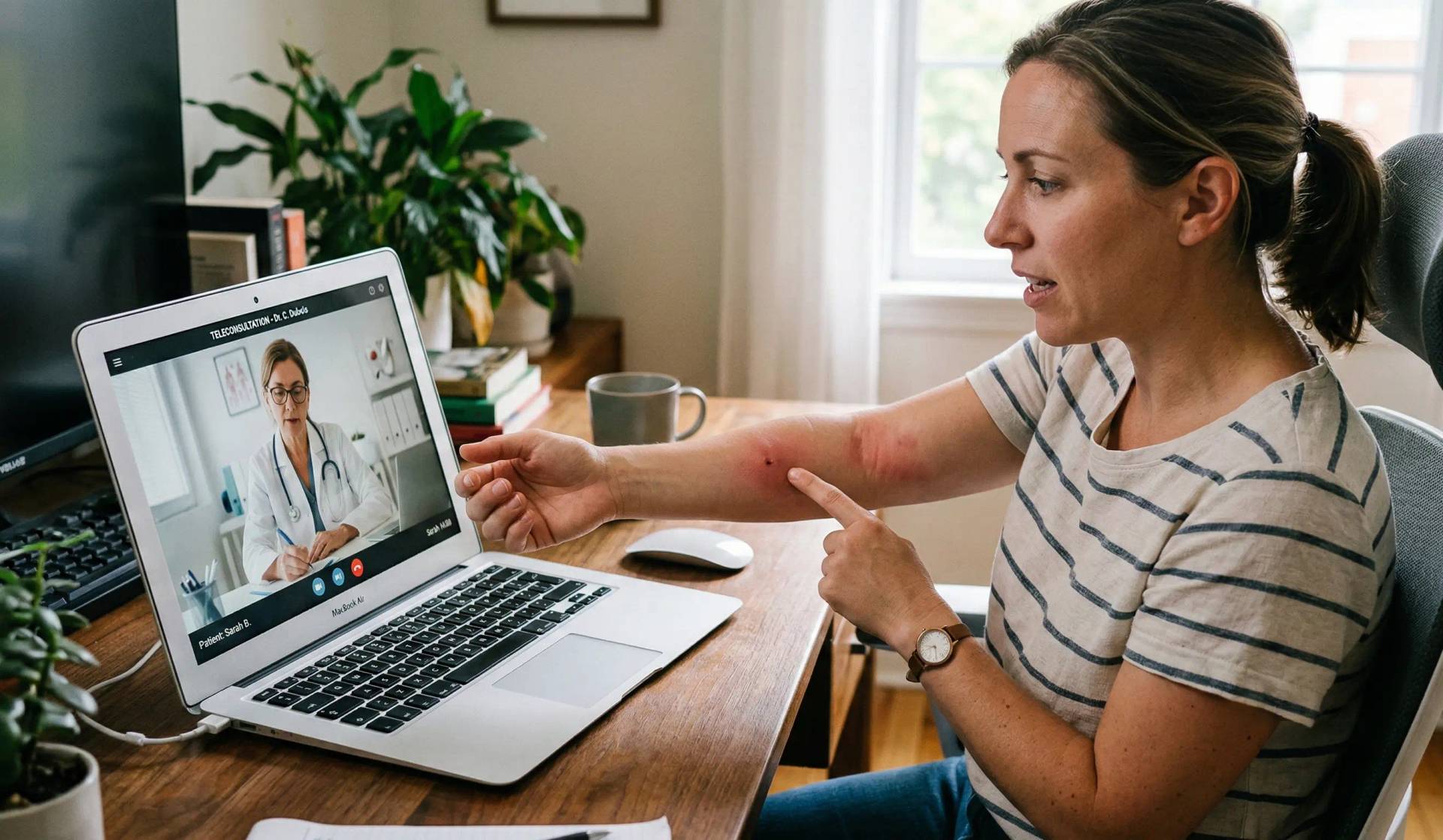 Une femme montre une éruption cutanée sur son bras à un médecin lors d'une téléconsultation sur ordinateur portable.