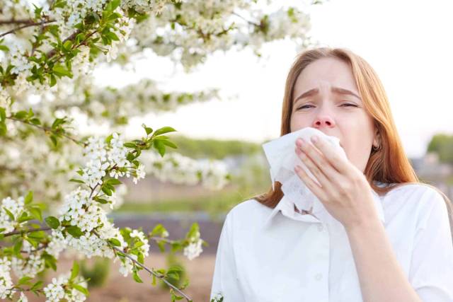Une femme se mouche à proximité d'arbres en fleurs.