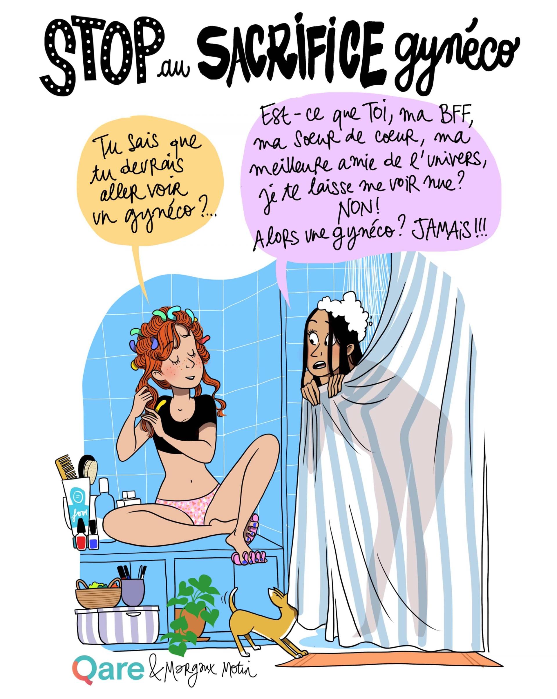Dessin « Stop au sacrifice gynéco » : deux personnes près d’un rideau d’examen.