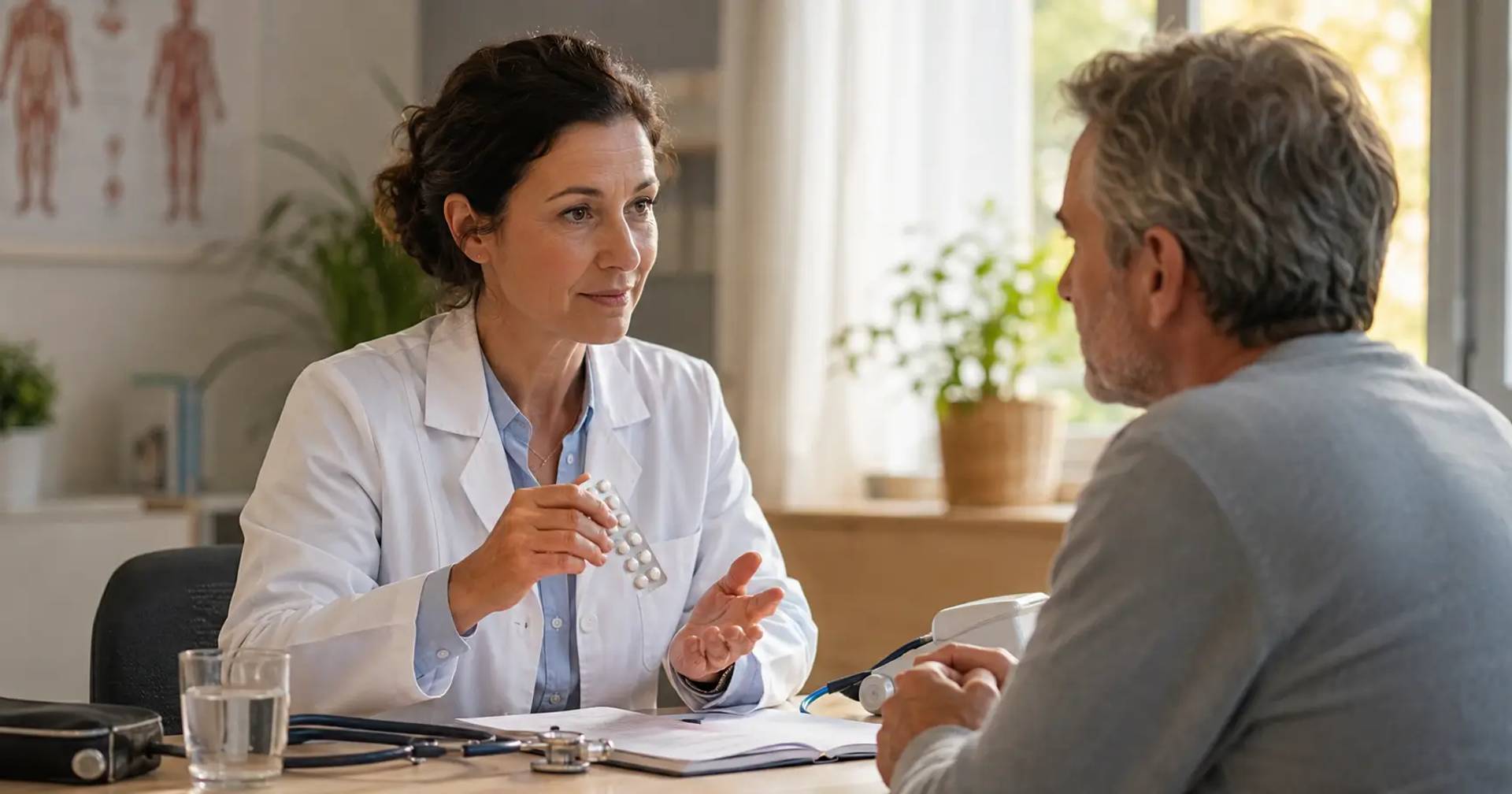 Médecin généraliste expliquant à un patient les effets secondaires du Cortancyl lors d'une consultation de suivi en cabi