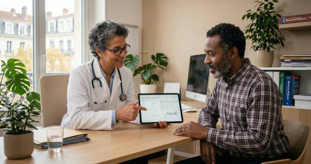 Médecin expliquant à un patient comment éliminer le cadmium du corps lors d'une consultation en cabinet médical