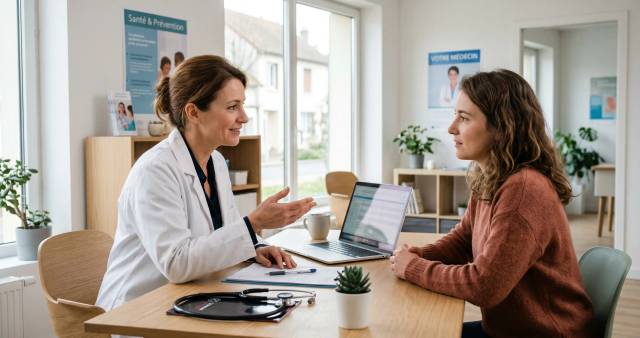 Médecin en blouse blanche expliquant le diagnostic d'une infection à Mycoplasme genitalium à une patiente lors d'une con