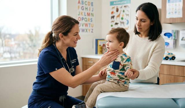 Une pédiatre souriante examine le cou d'un jeune suspectant une méningite chez l'enfant en présence de sa mère en cabine