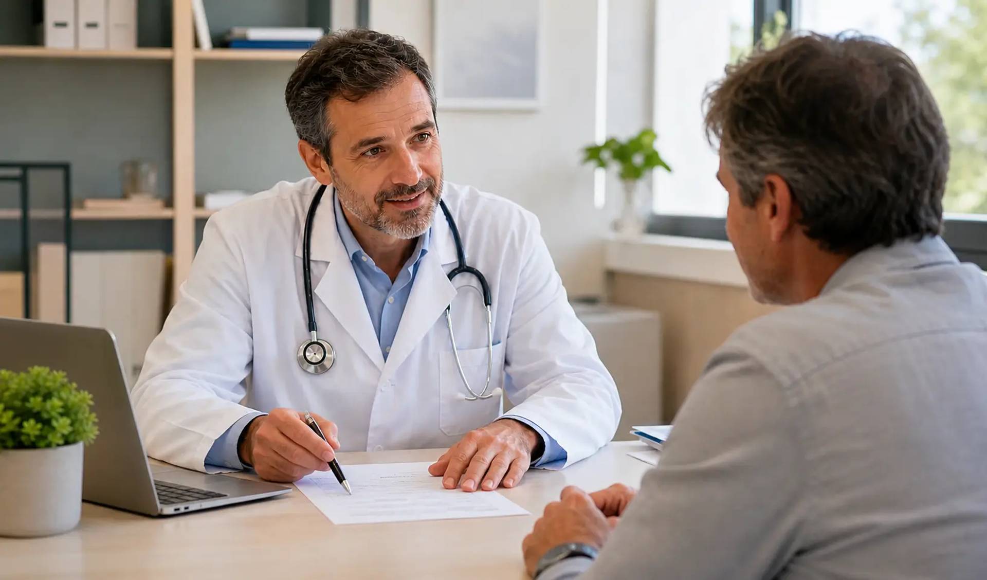 Médecin expliquant à un patient la prise quotidienne d'un traitement par corticoïdes lors d'une consultation