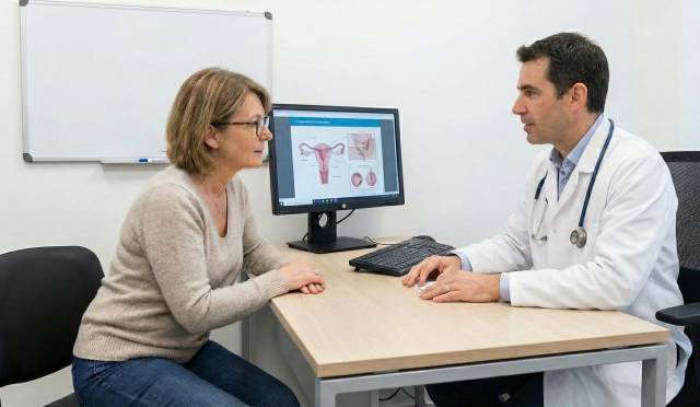 Une patiente échange avec son médecin dans un cabinet médical au sujet du cancer de l'endomètre, illustré par des schéma