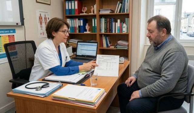 Médecin généraliste en blouse blanche expliquant des résultats médicaux sur papier à un patient en surpoids lors d'une c