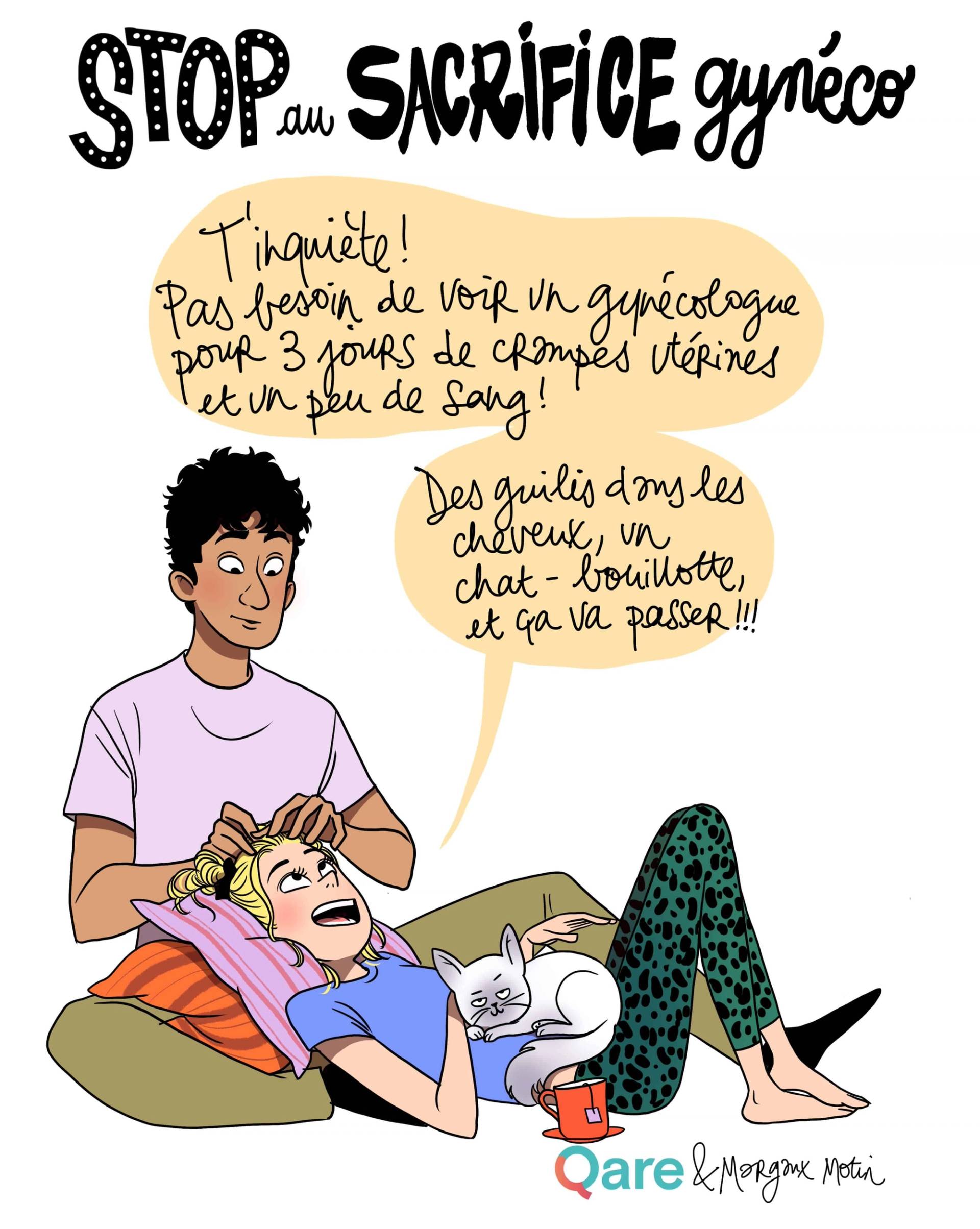 Dessin « Stop au sacrifice gynéco » : deux personnes sur un canapé avec des animaux.